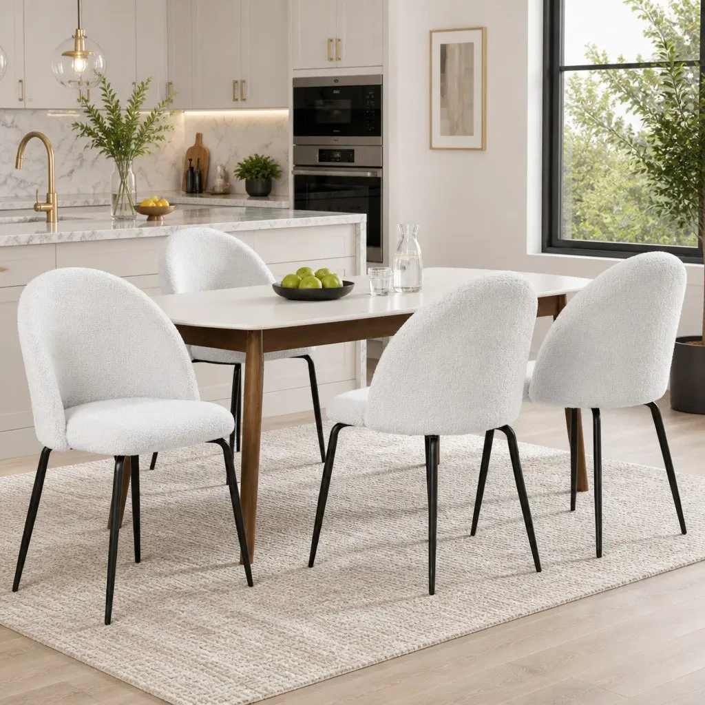 Dining Chairs Set of 4 White Sherpa Boucle Kitchen Seating Modern Furniture