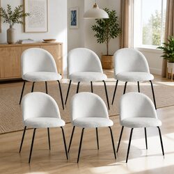 Dining Chairs Set of 6 with White Sherpa Upholstery and Steel Legs