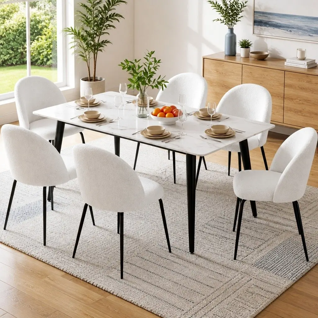 Dining Chairs Comfort Sherpa Boucle Winged Backrest 6 Piece White