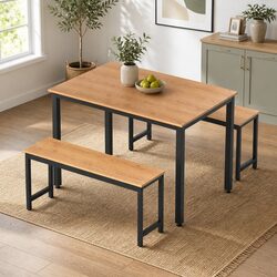3PC Dining Table and Bench Set with Metal Frame