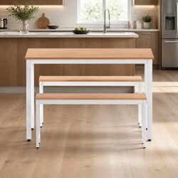 Rectangular Dining Table and Benches Set with Metal Legs
