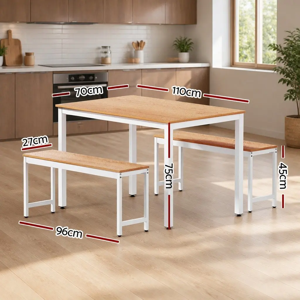 Dining Table Set 3 Piece Rectangular Natural and White Metal Legs
