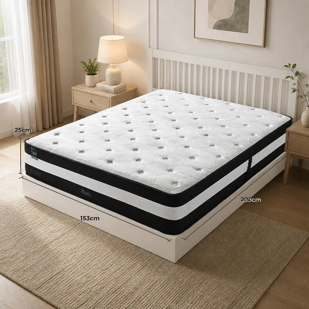 Queen Pocket Spring Mattress Medium Firm Support 25cm Ice Silk Cooling Black White