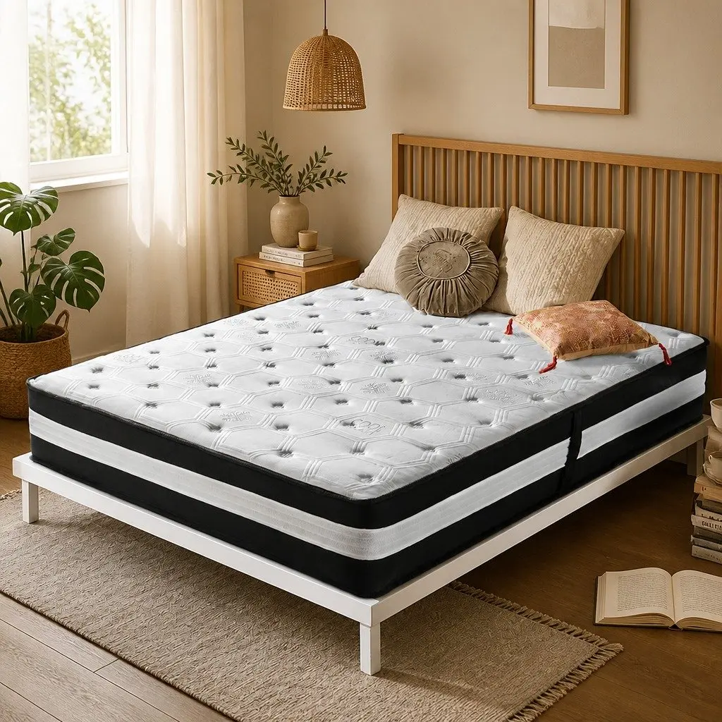 Queen Pocket Spring Mattress Medium Firm Support 25cm Ice Silk Cooling Black White