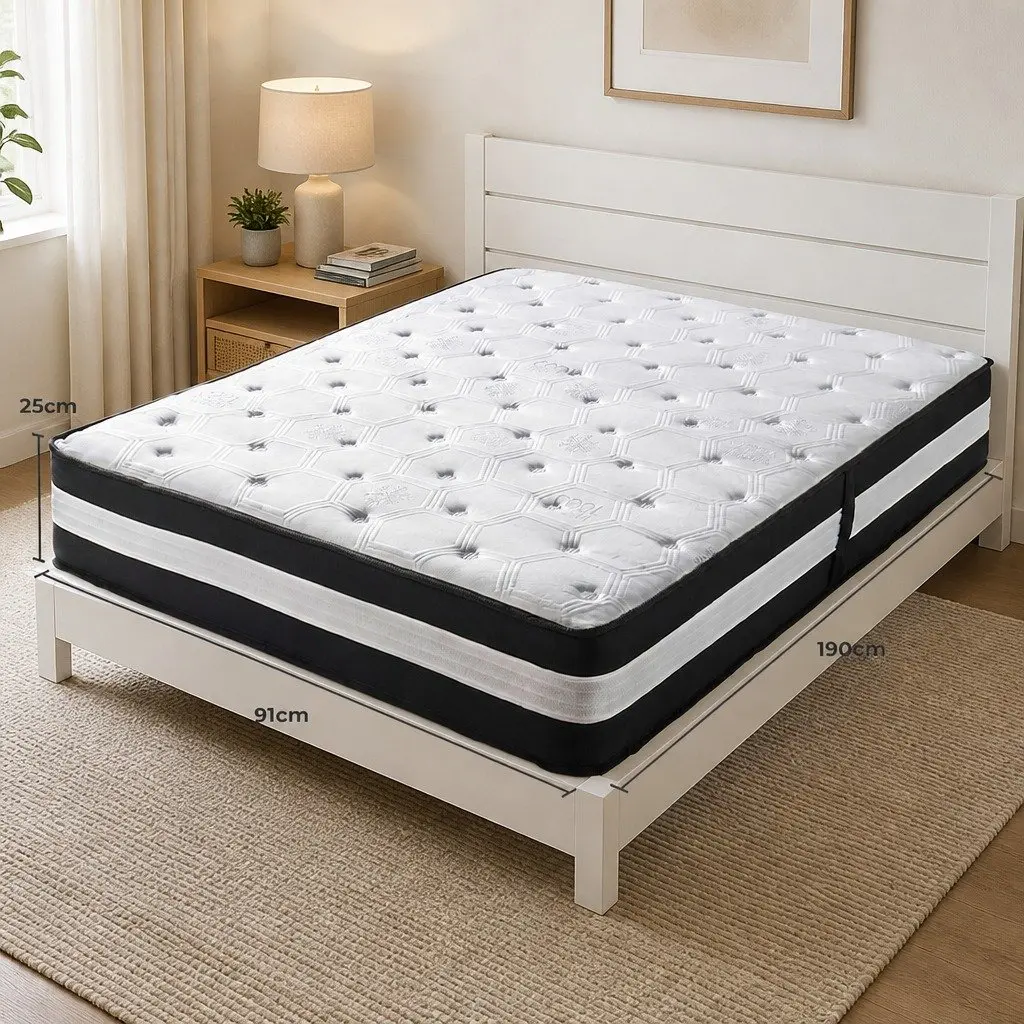 Single Cooling Mattress Medium Firm 25cm 5 Zone Pocket Spring Black or White