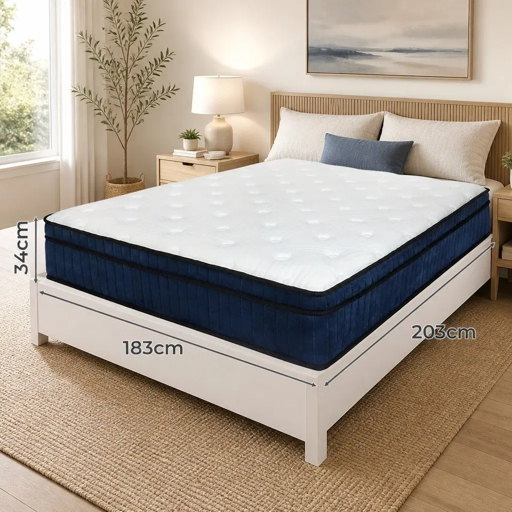 King Mattress Medium Firm 7 Zone Pocket Spring Hybrid Foam Support White and Blue