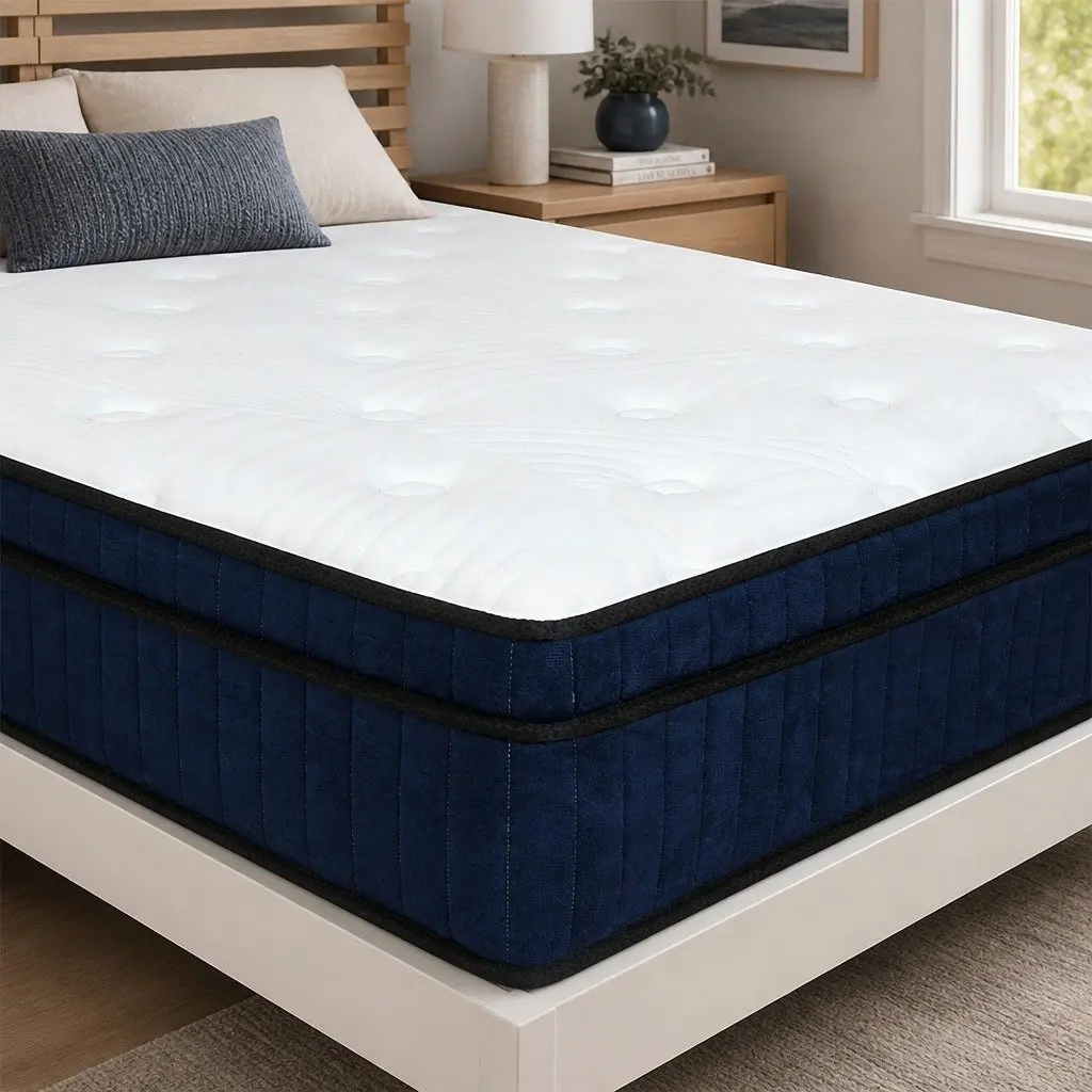 King Mattress Medium Firm 7 Zone Pocket Spring Hybrid Foam Support White and Blue