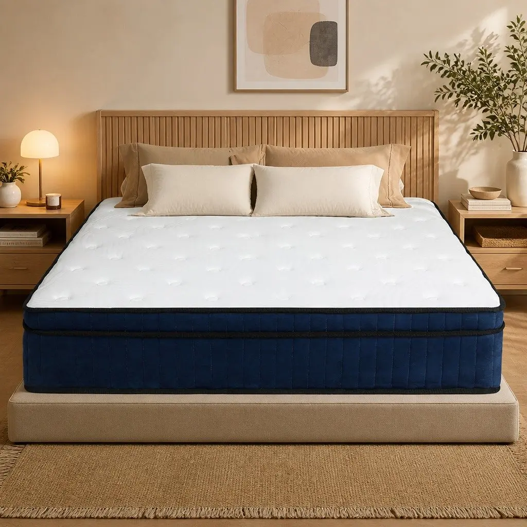 King Mattress Medium Firm 7 Zone Pocket Spring Hybrid Foam Support White and Blue