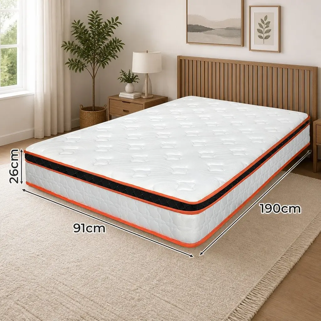 7 Zone Pocket Spring Mattress Medium Firm Single Hybrid Foam Support White Orange Black