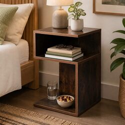 Industrial Style Oak Bedside Table with Open Shelves