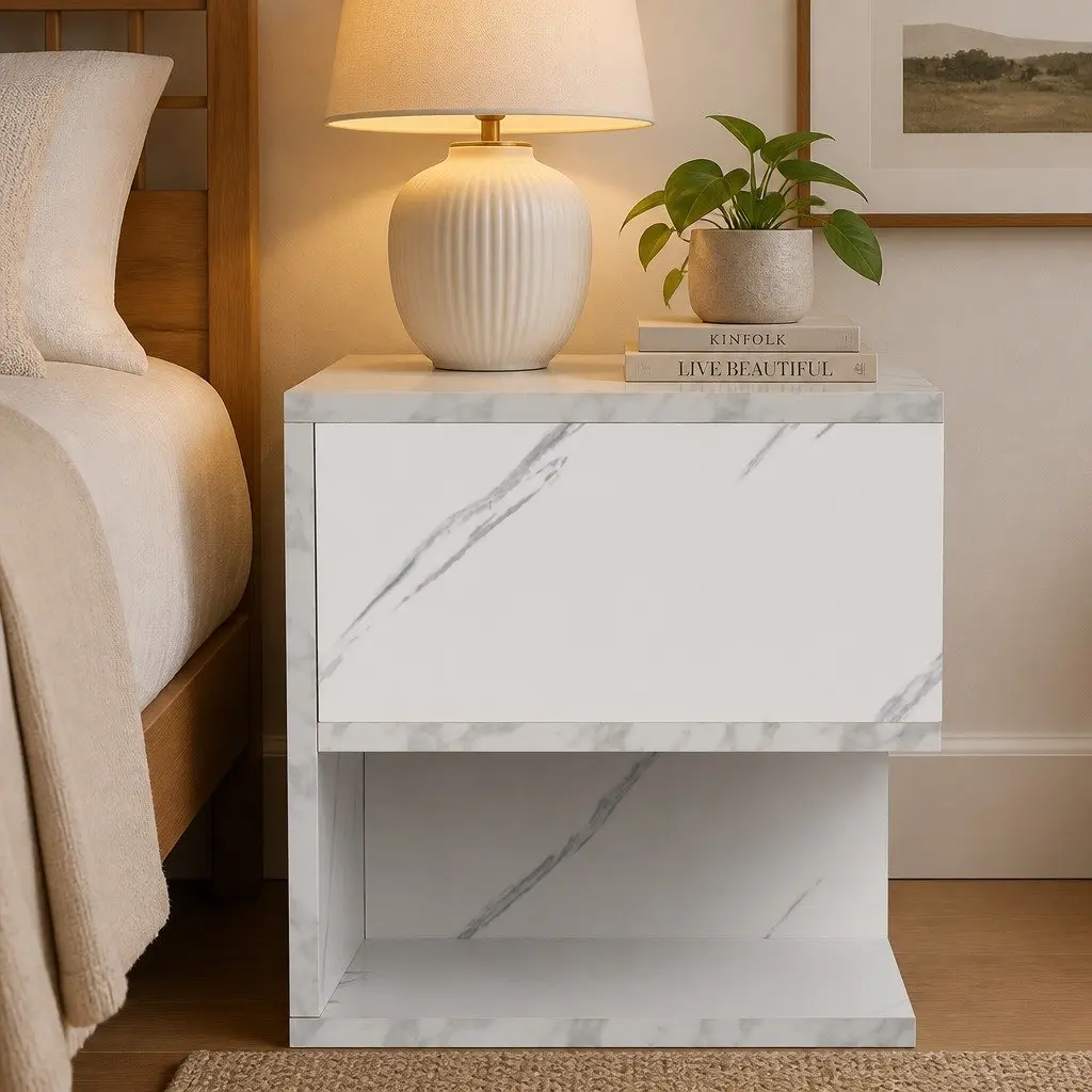 Bedside Table Open Shelves Storage 33cm x 33cm x 50cm Marbled White