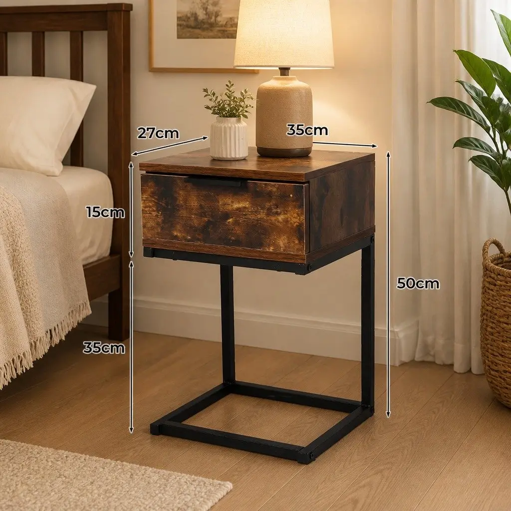 Bedside Table Wooden Storage Drawers Industrial Style 35cm W Oak