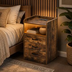 Three-Drawer Bedside Table with USB and LED Light