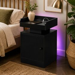 USB Charging Black Bedside Table with RGB LED Lights