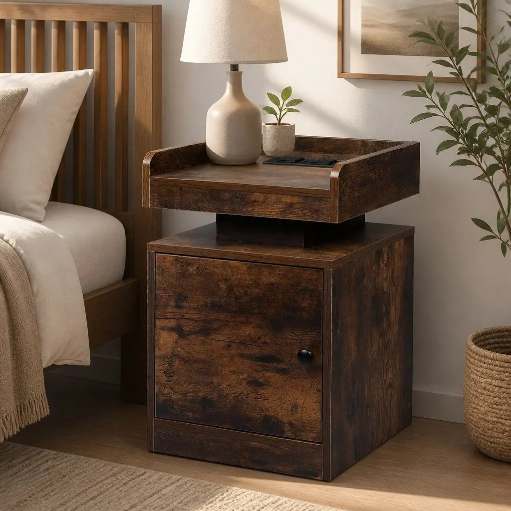 Oak Bedside Table with RGB LED Lighting and USB Charging 40cm x 35cm x 58cm Nightstand Storage with Dual AC Outlets and Movable Interior Partitions