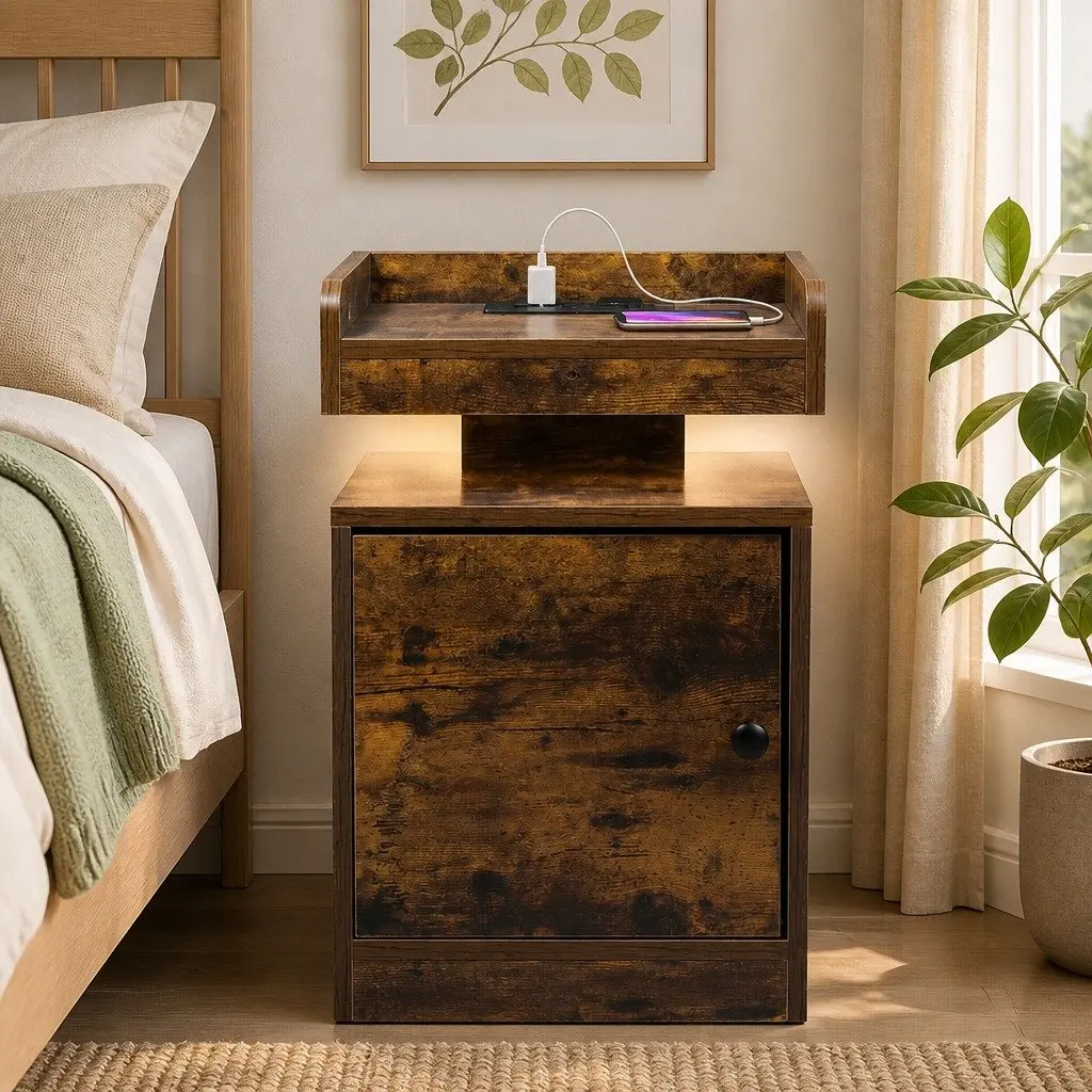 Oak Bedside Table with RGB LED Lighting and USB Charging 40cm x 35cm x 58cm Nightstand Storage with Dual AC Outlets and Movable Interior Partitions