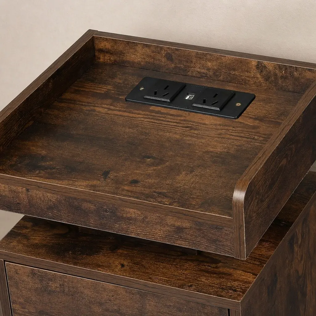 Oak Bedside Table with RGB LED Lighting and USB Charging 40cm x 35cm x 58cm Nightstand Storage with Dual AC Outlets and Movable Interior Partitions