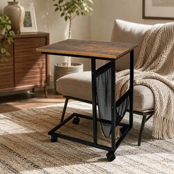 Mobile Side Table with Industrial Design and Mesh Storage