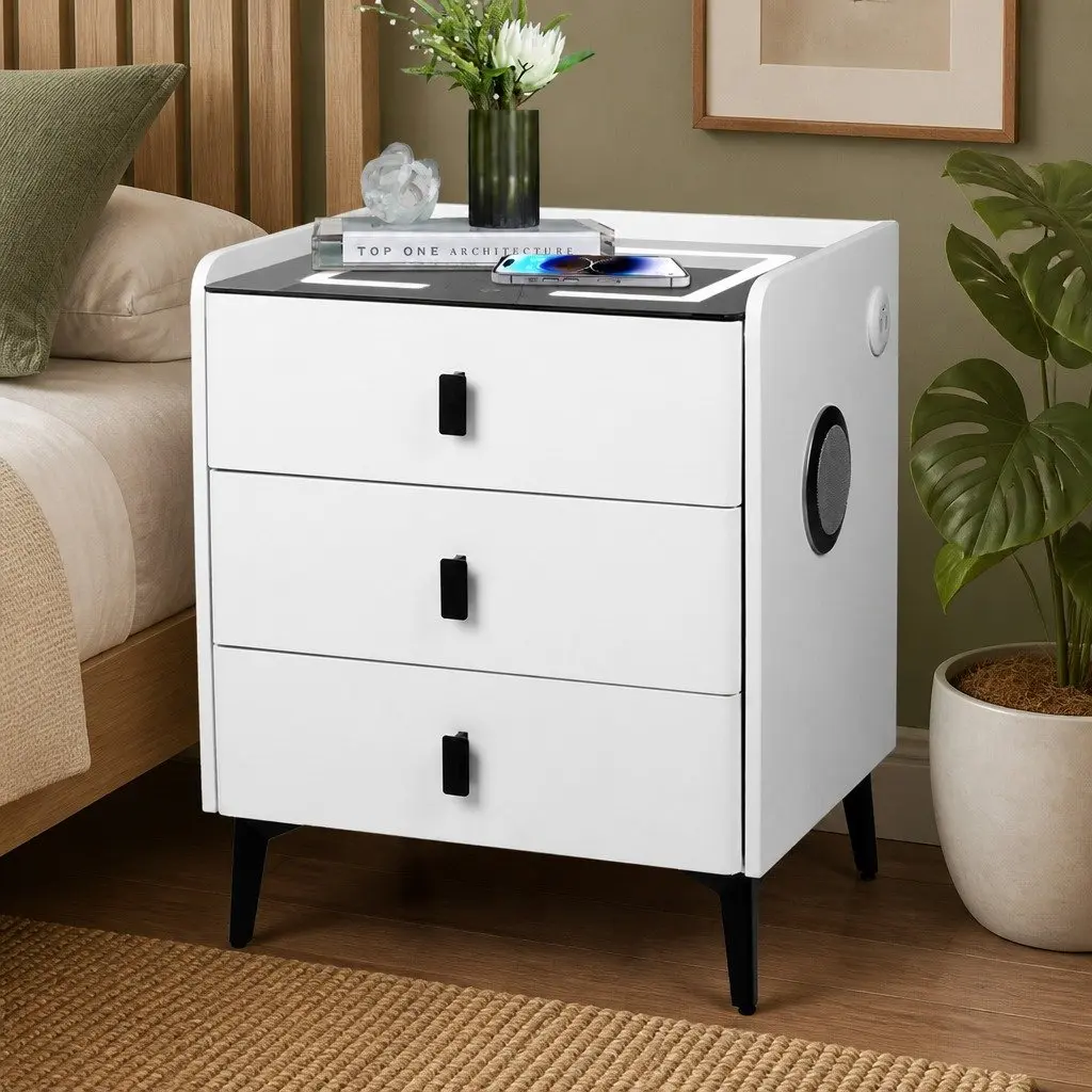 LED Bedside Table with Bluetooth Speaker Wireless Charging Storage White 50cm x 40cm x 60cm