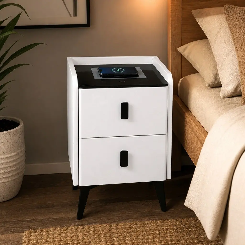 Bedside Table with LED Lights Wireless Charging USB Ports White 30cm x 40cm x 46cm