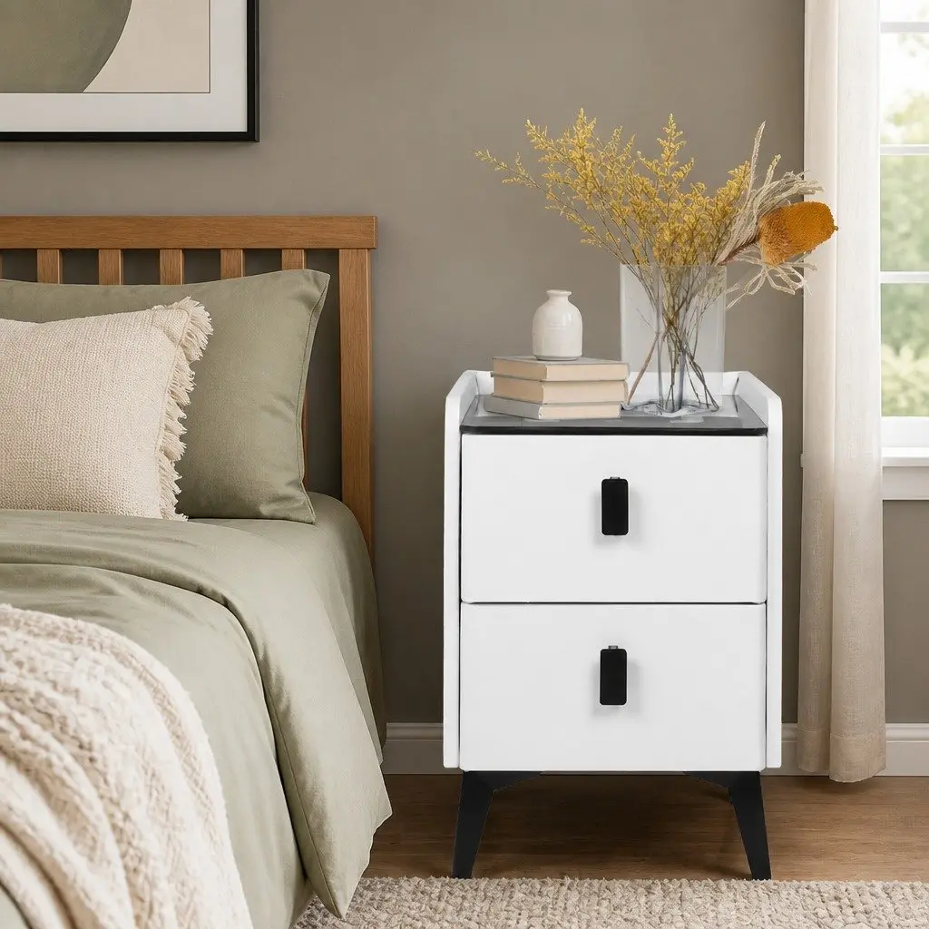 Bedside Table with LED Lights Wireless Charging USB Ports White 30cm x 40cm x 46cm