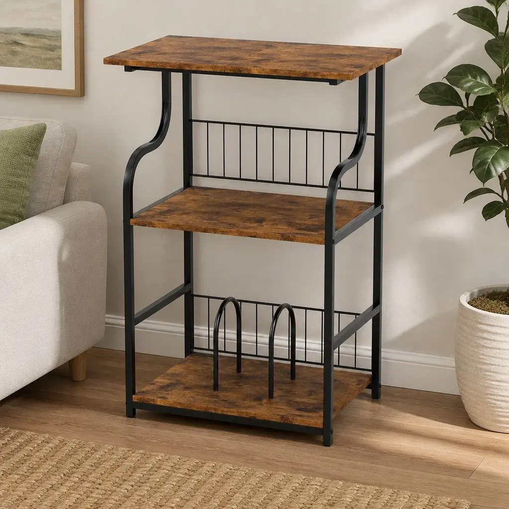 Side Table Vintage Brown 3-Tier Storage Shelf Metal Frame Bedroom Furniture