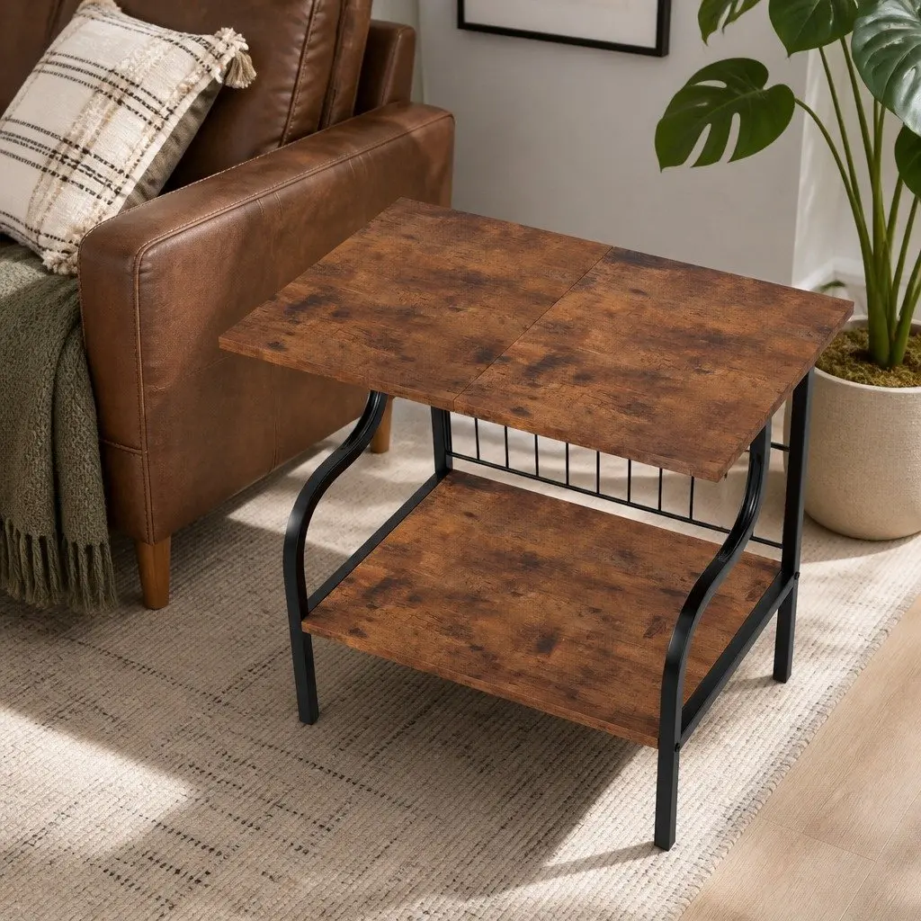Side Table Vintage Brown 3-Tier Storage Shelf Metal Frame Bedroom Furniture