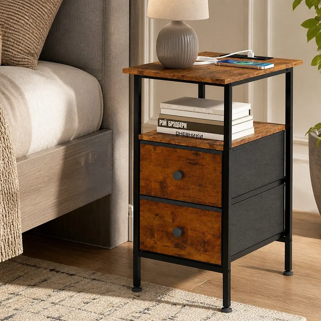 Bedside Table Side Table 2 Drawers Storage Cabinet with Charging Station Brown