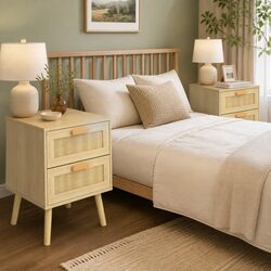 Wooden Side Tables Set of 2 with Rattan Drawers