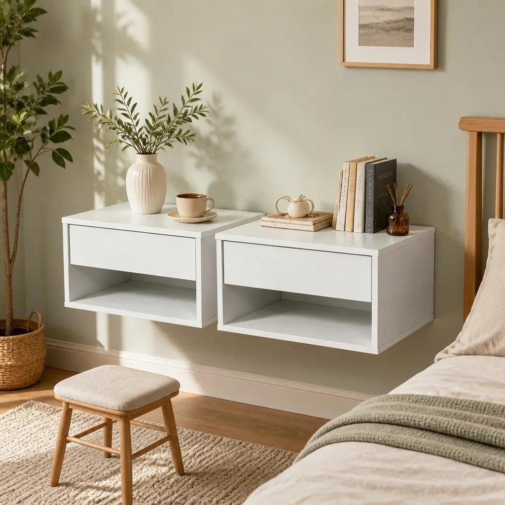 Floating Bedside Tables Set of 2 with Drawer and Shelf