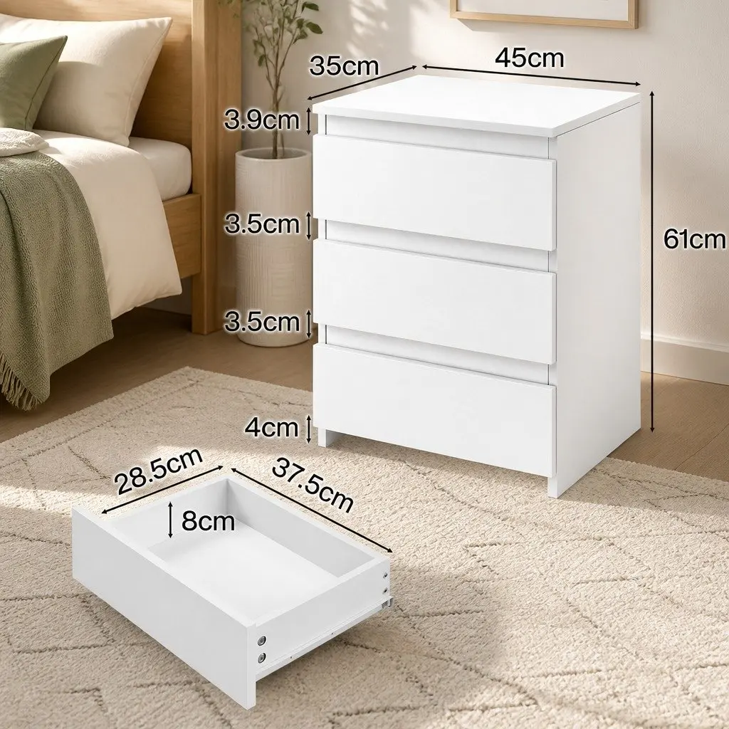 Bedside Table 3 Drawers Storage Compact White