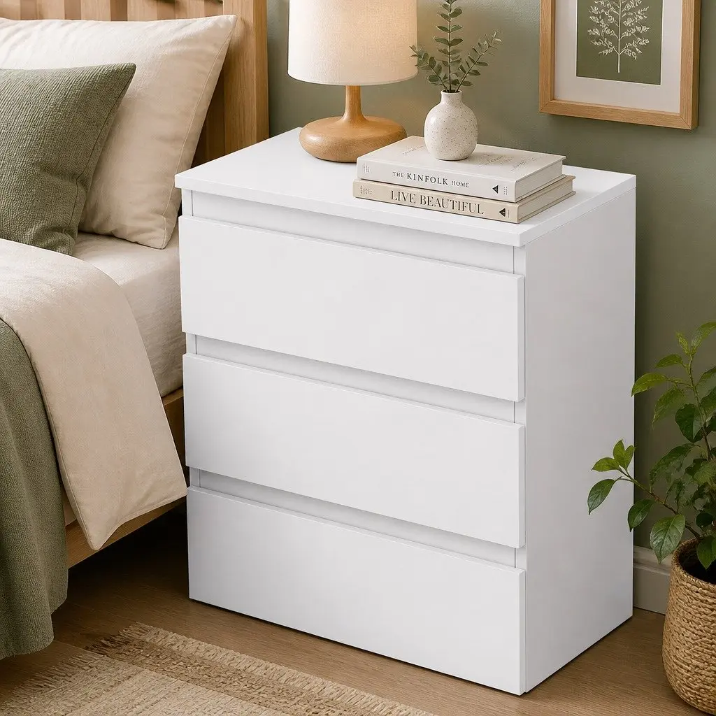 Bedside Table 3 Drawers Storage Compact White