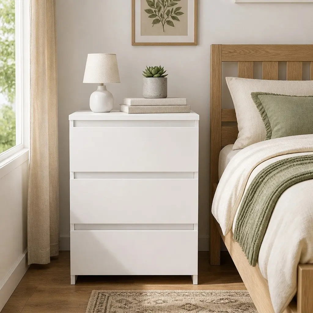 Bedside Table 3 Drawers Storage Compact White