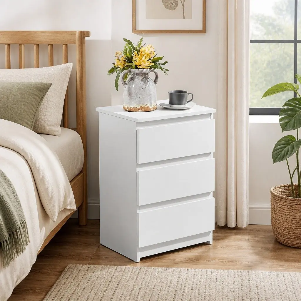 Bedside Table 3 Drawers Storage Compact White