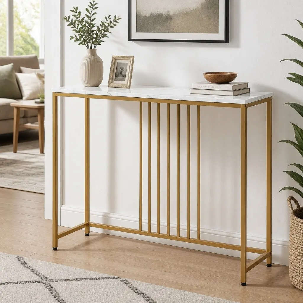 Console Table Modern Minimalist Slim Profile White Marble Effect Gold Frame