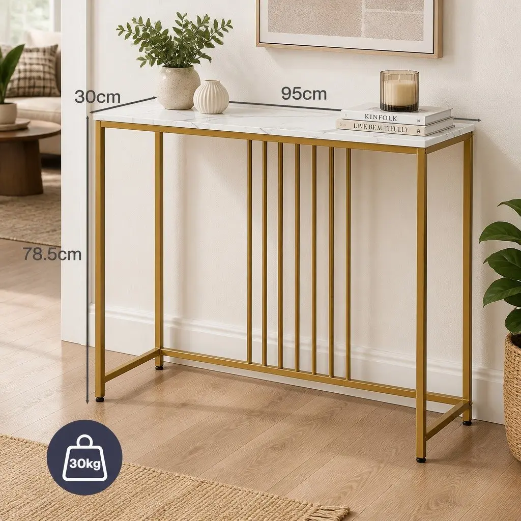 Console Table Modern Minimalist Slim Profile White Marble Effect Gold Frame