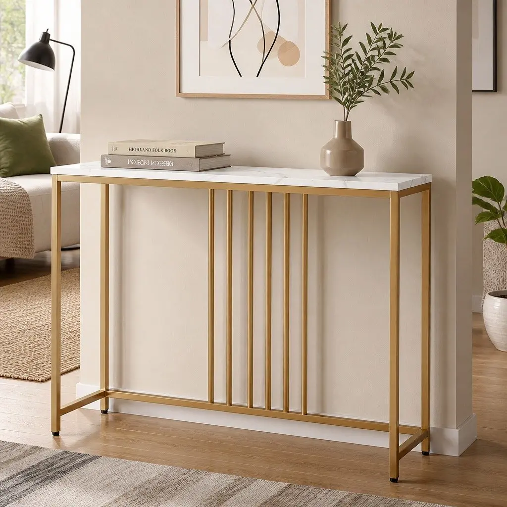 Console Table Modern Minimalist Slim Profile White Marble Effect Gold Frame