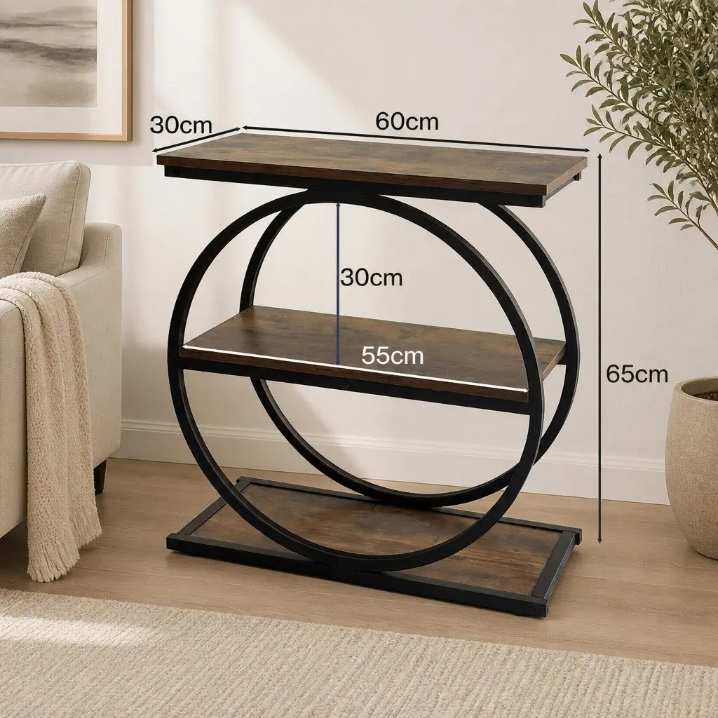 3 Tier Side Table Industrial Style Slim Rustic Brown and Black