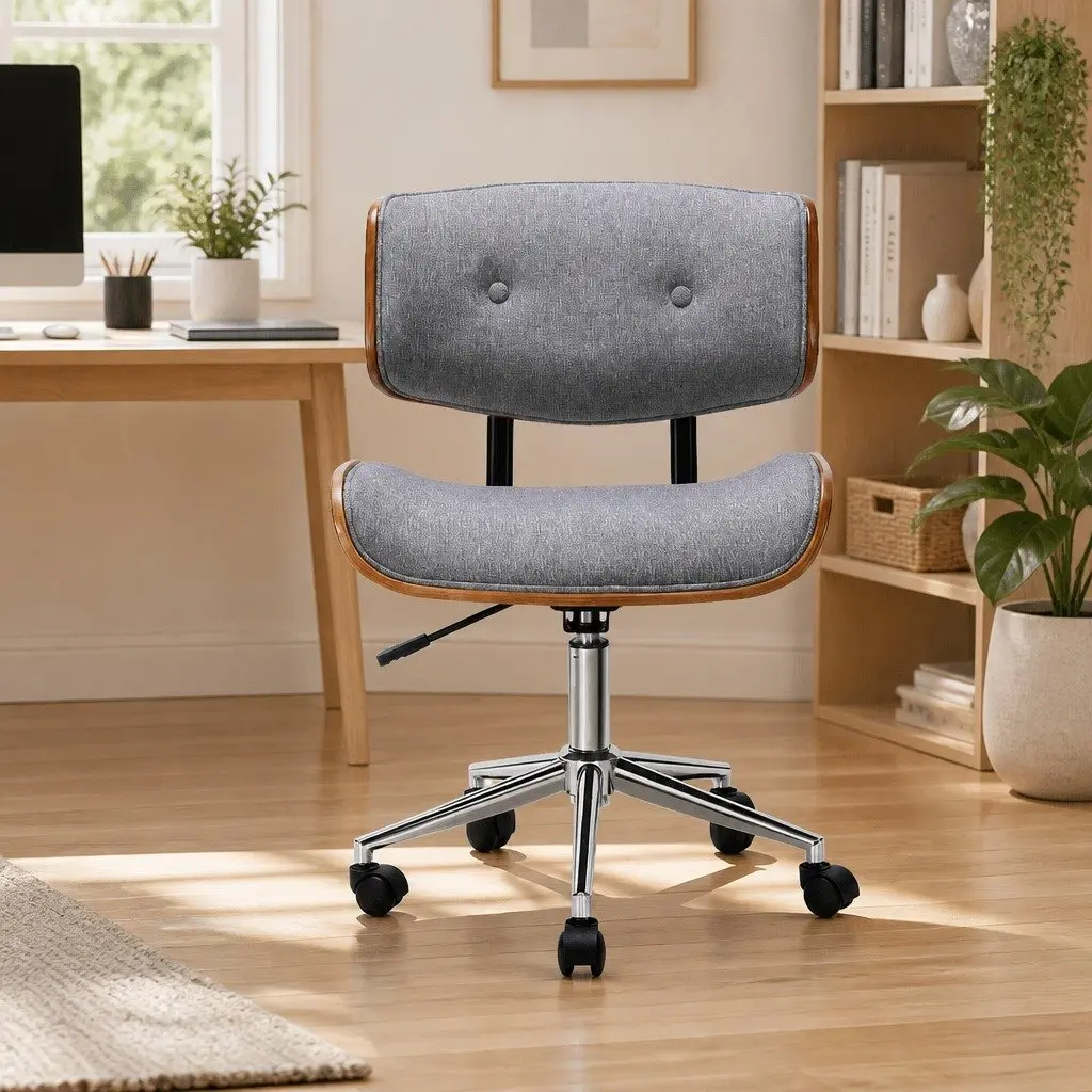 Office Chair Height Adjustable Rotatable Grey Fabric Seat with Wooden Frame