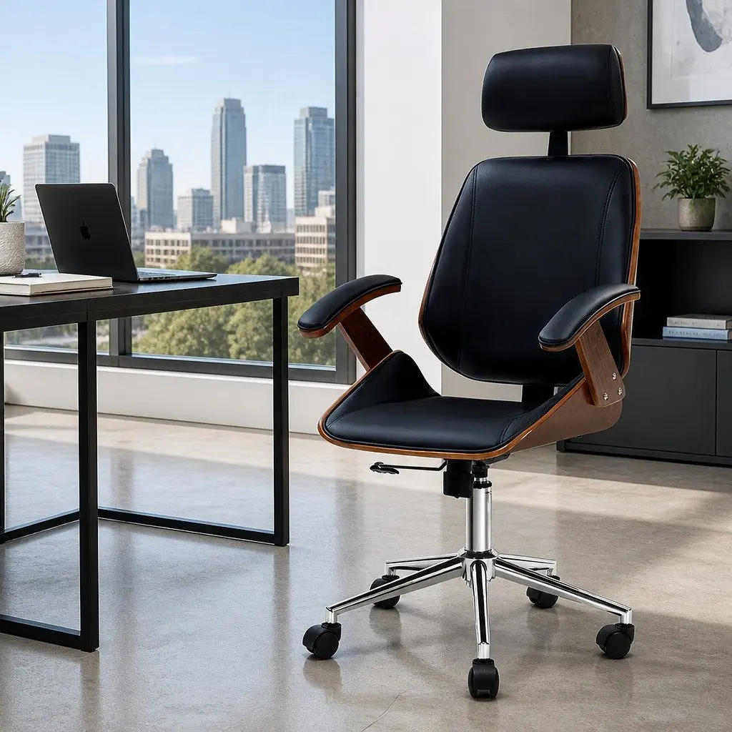 Office Chair Ergonomic Height Adjustable Black Leather Seat Wooden Frame