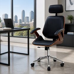 Black Leather Upholstered Office Chair with Wooden Frame