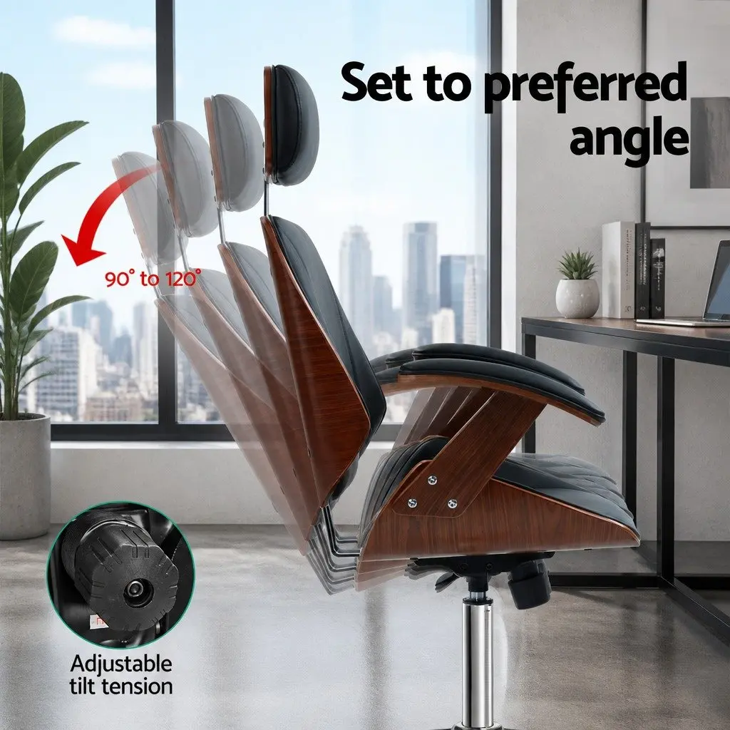Office Chair Ergonomic Height Adjustable Black Leather Seat Wooden Frame