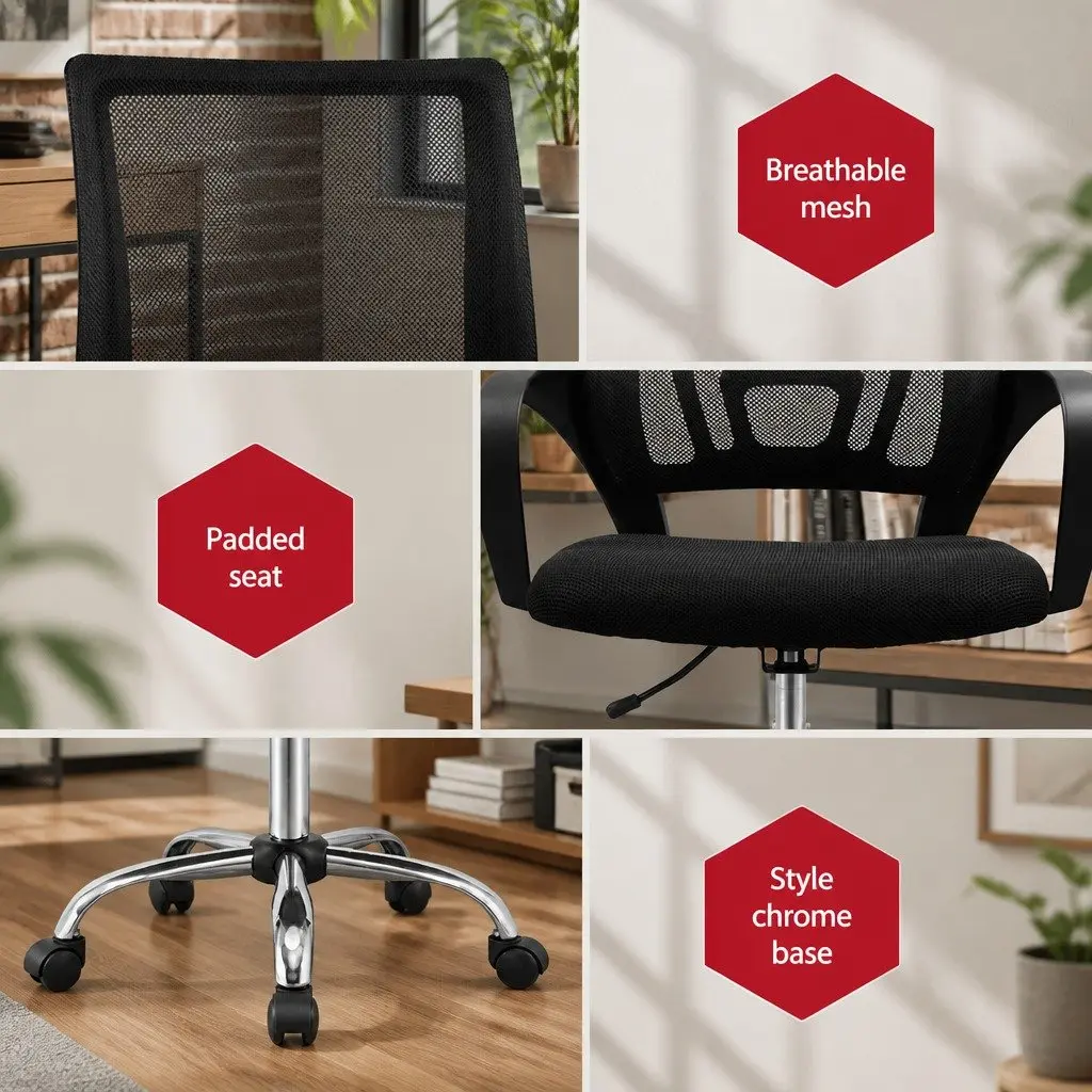 Mesh Office Chair Ergonomic Mid Back Height Adjustable 360 Rotatable Black