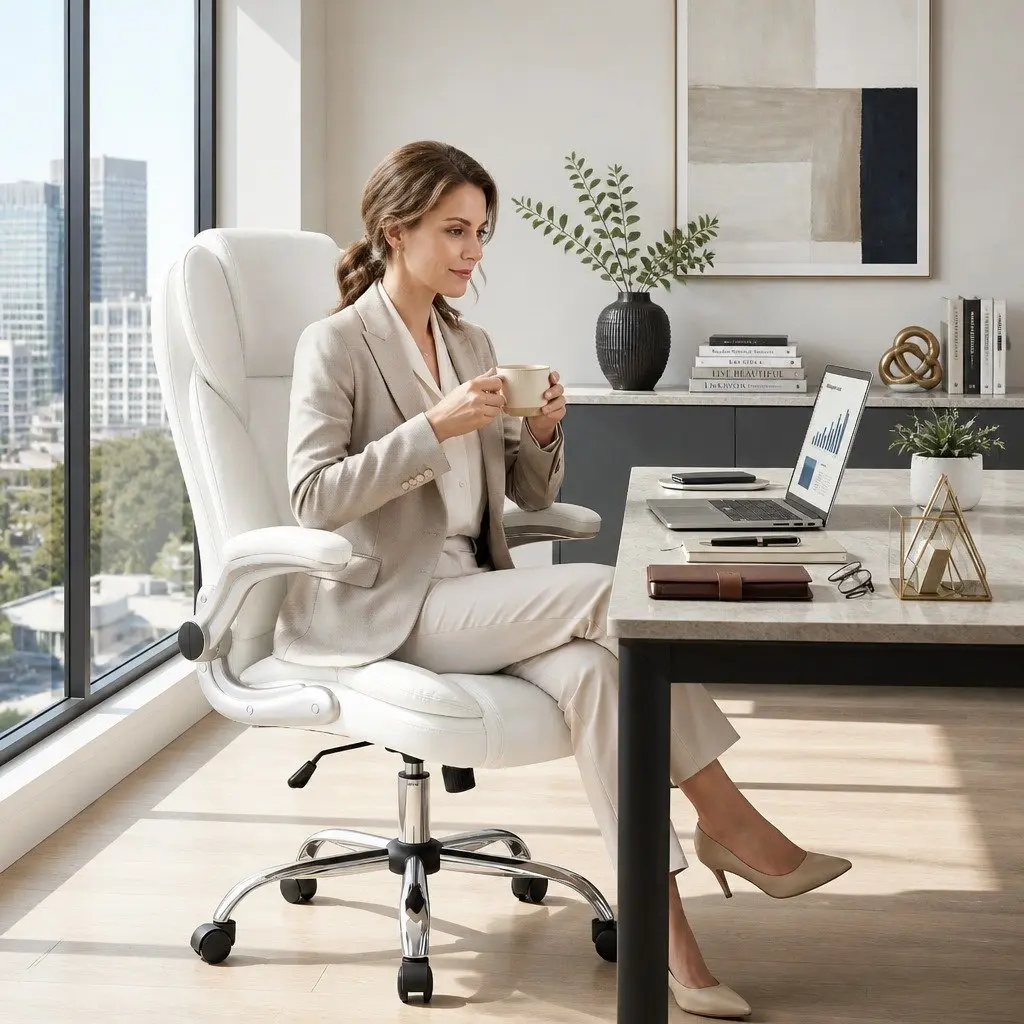Office Chair High Back Comfort White Leather