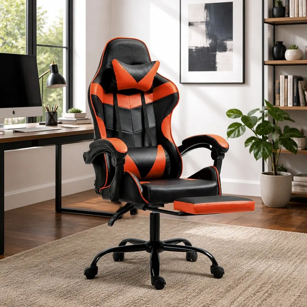 Office Chair High-Back Adjustable Recliner with Footrest Orange