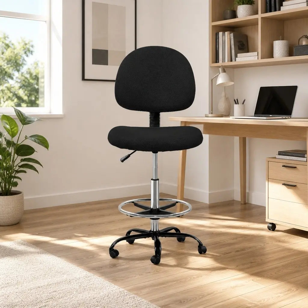 Drafting Chair Adjustable Height Black Fabric Mid Back with Footrest and 360 Degree Rotation