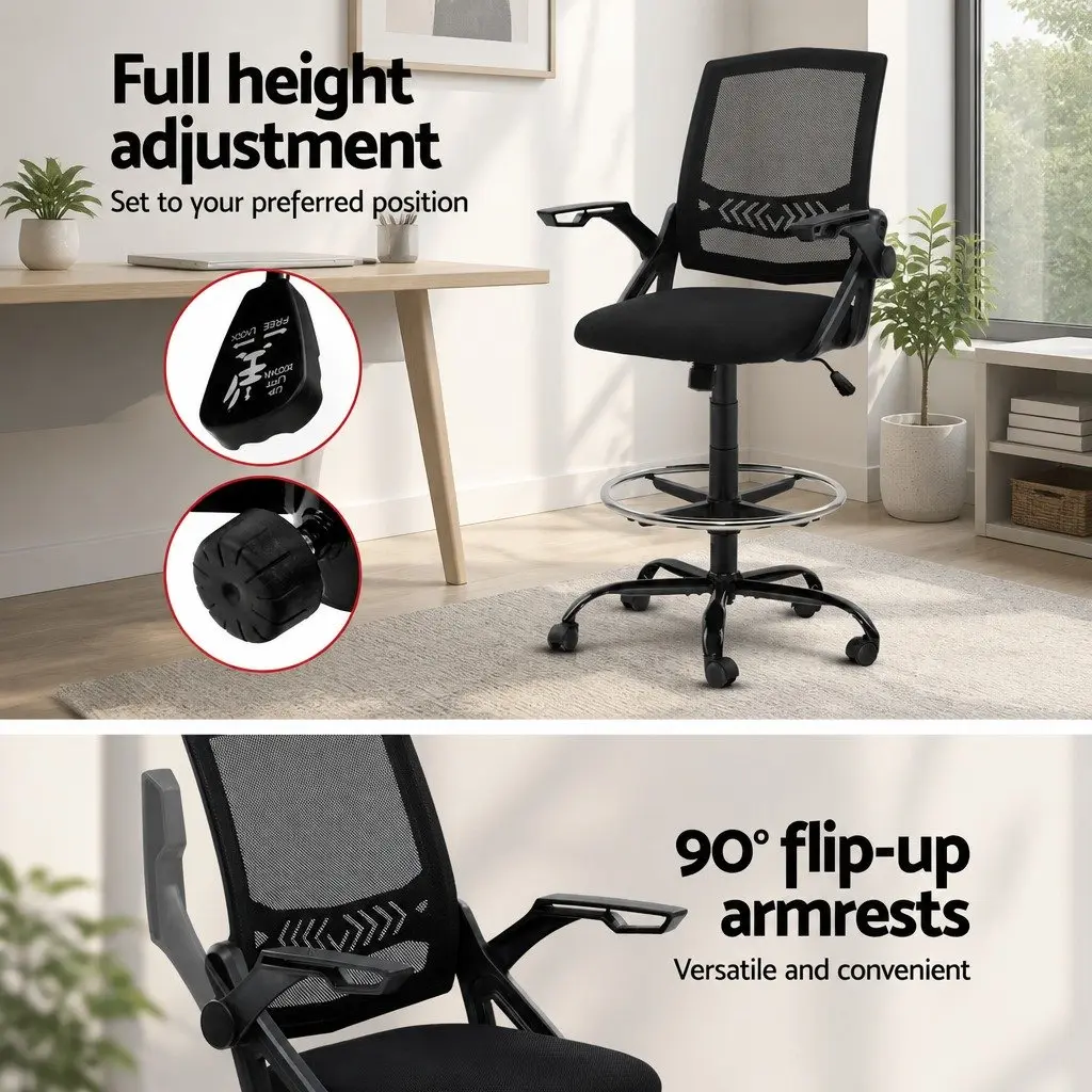 Drafting Stool Adjustable Height Mesh Black Office Chair with Armrest and Footrest