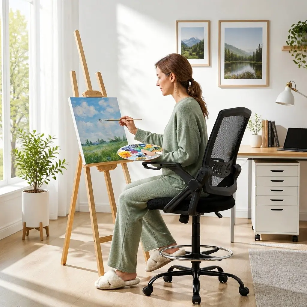 Drafting Stool Adjustable Height Mesh Black Office Chair with Armrest and Footrest