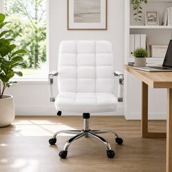 Mid-Back White PU Leather Office Chair with Chrome Base