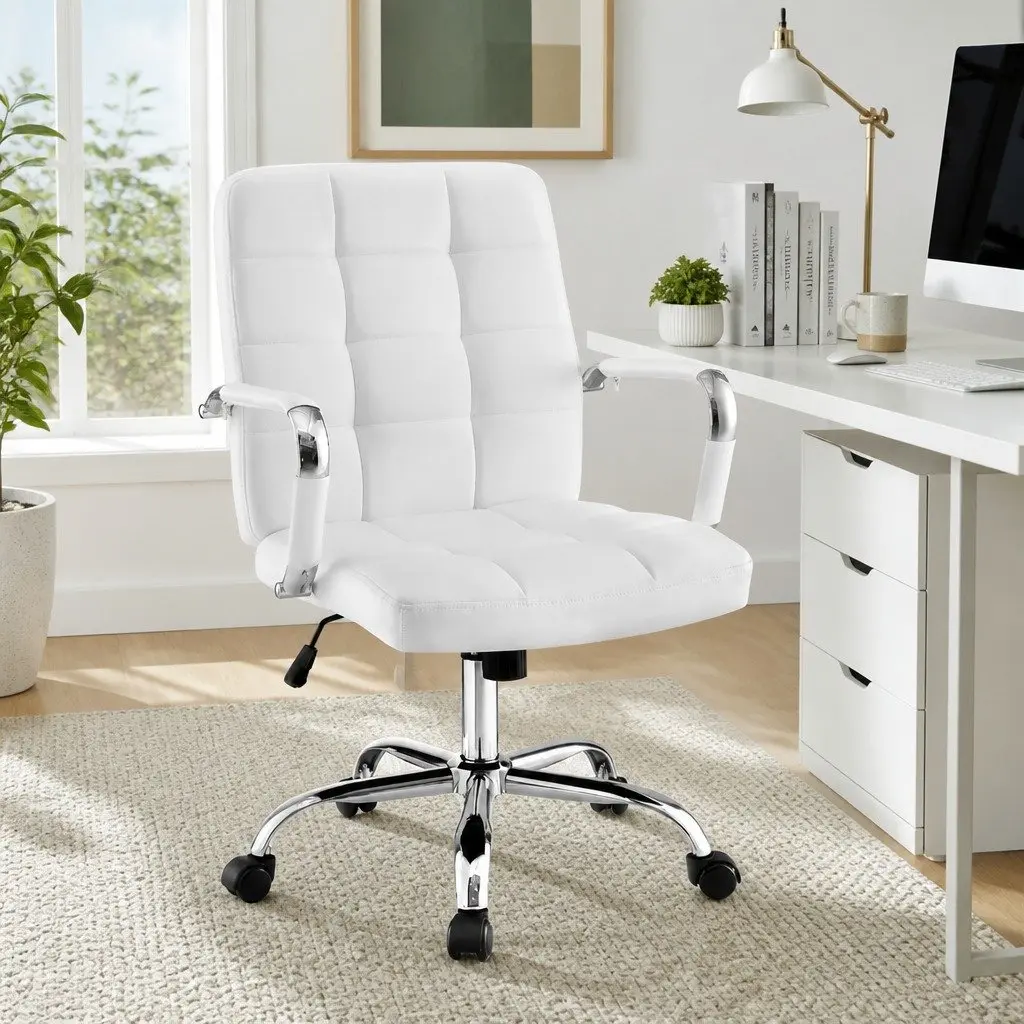 Office Chair Ergonomic Mid-Back White PU Leather 51 x 46.5 x 92-102cm
